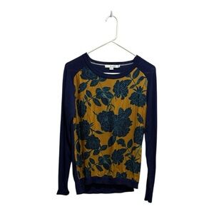 Boden 100% Wool Floral Navy & Mustard Long Sleeve Sweater Size 6